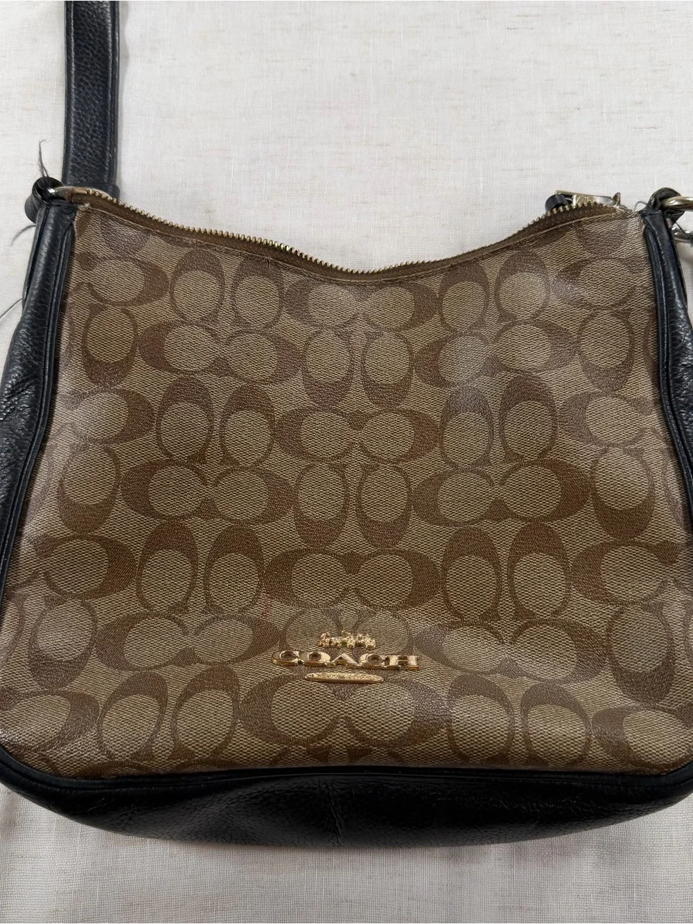 Coach Brown Signature Canvas Crossbody with Black Trim and Gold Hardware